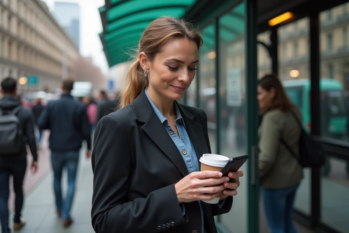 Femme vérifiant son smartphone à un arrêt de bus urbain