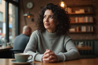 Femme attentive écoutant son interlocuteur dans un café, illustrant la différence entre écouter et entendre