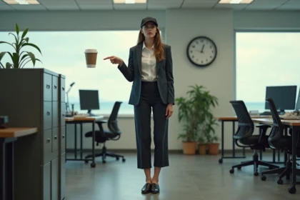 Jeune femme en costume dans un bureau étrange avec plante et horloge