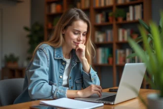 Jeune femme au bureau à domicile en train de travailler