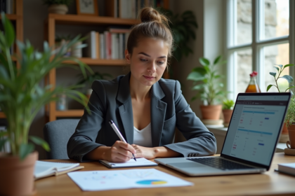 Jeune femme au bureau avec ordinateur et notes
