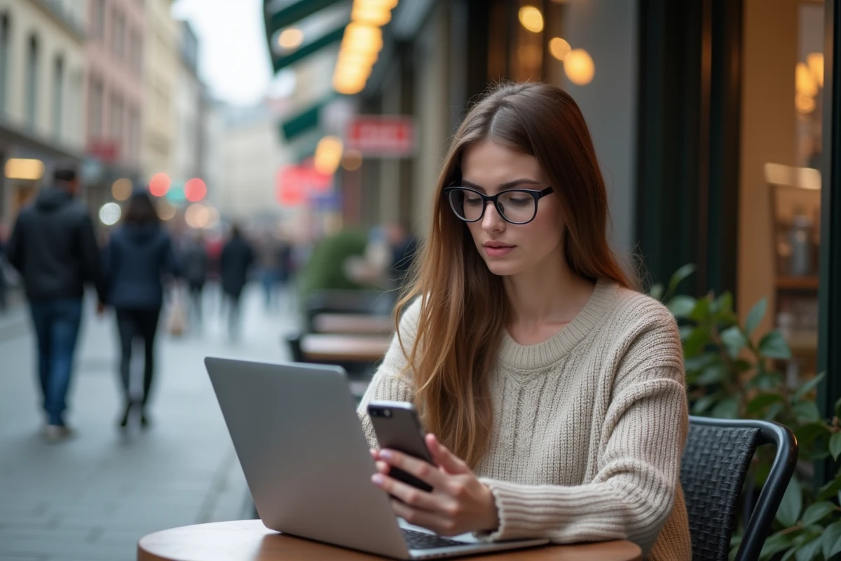 Femme assise au café utilisant son ordinateur portable