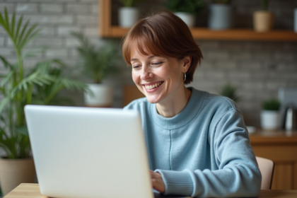 Femme d'âge moyen souriante avec ordinateur dans une cuisine lumineuse
