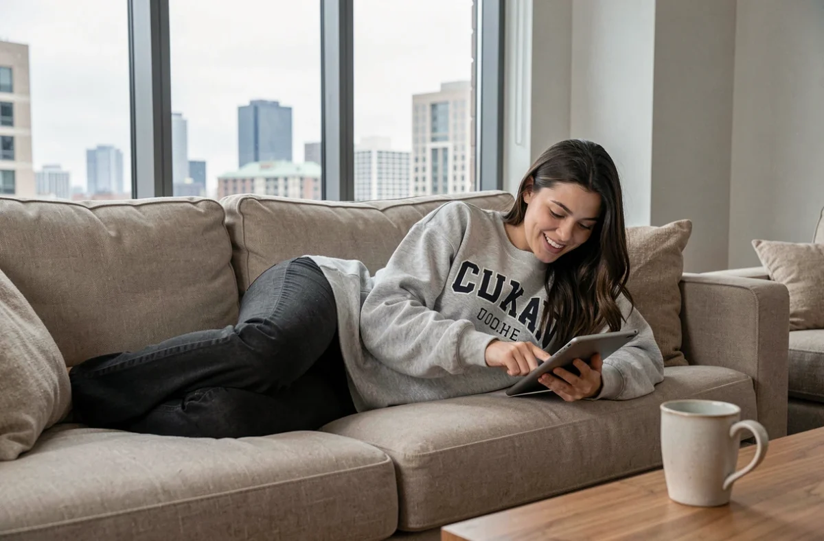 Jeune femme sur un canapé utilisant une tablette pour trouver des tours gratuits Coin Master