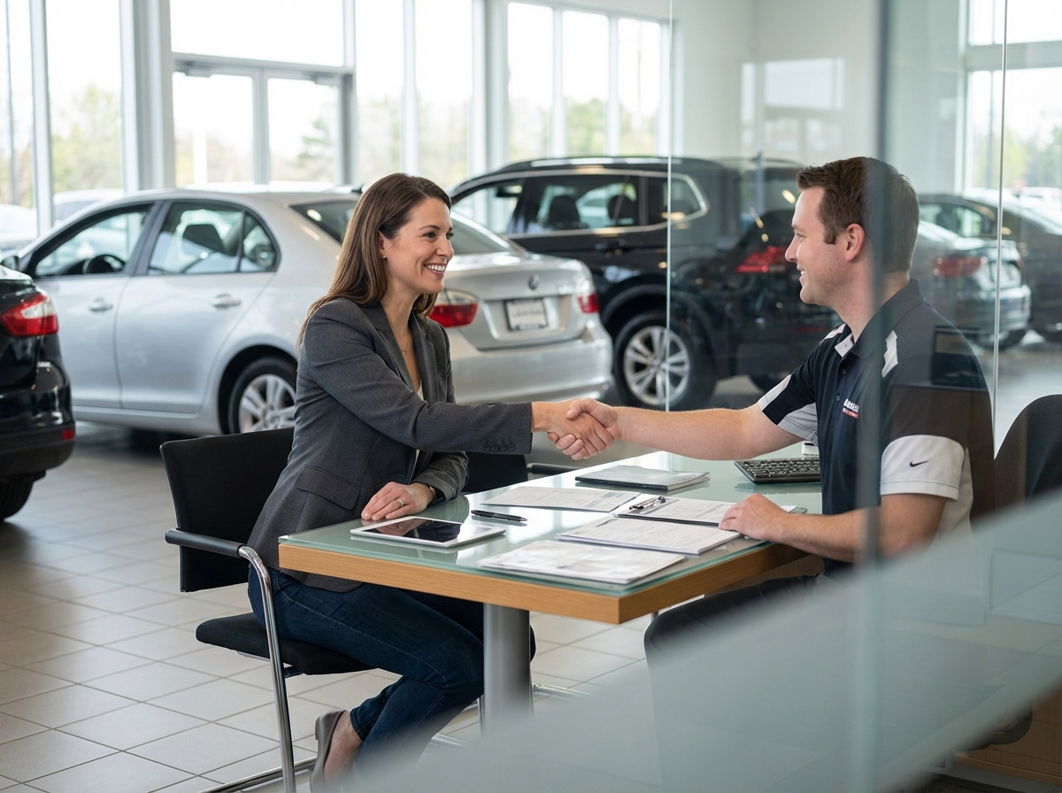 Femme souriante en costume dans un showroom automobile