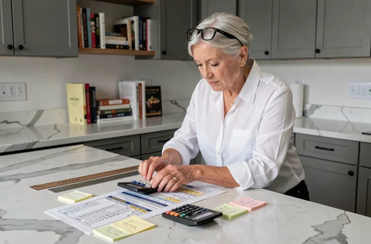Femme consultant un tableau de conversion de mètres carrés avec calculatrice et règle sur un comptoir de cuisine moderne