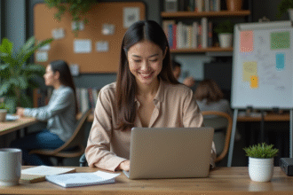 Femme concentrée travaillant sur son ordinateur dans un espace coworking