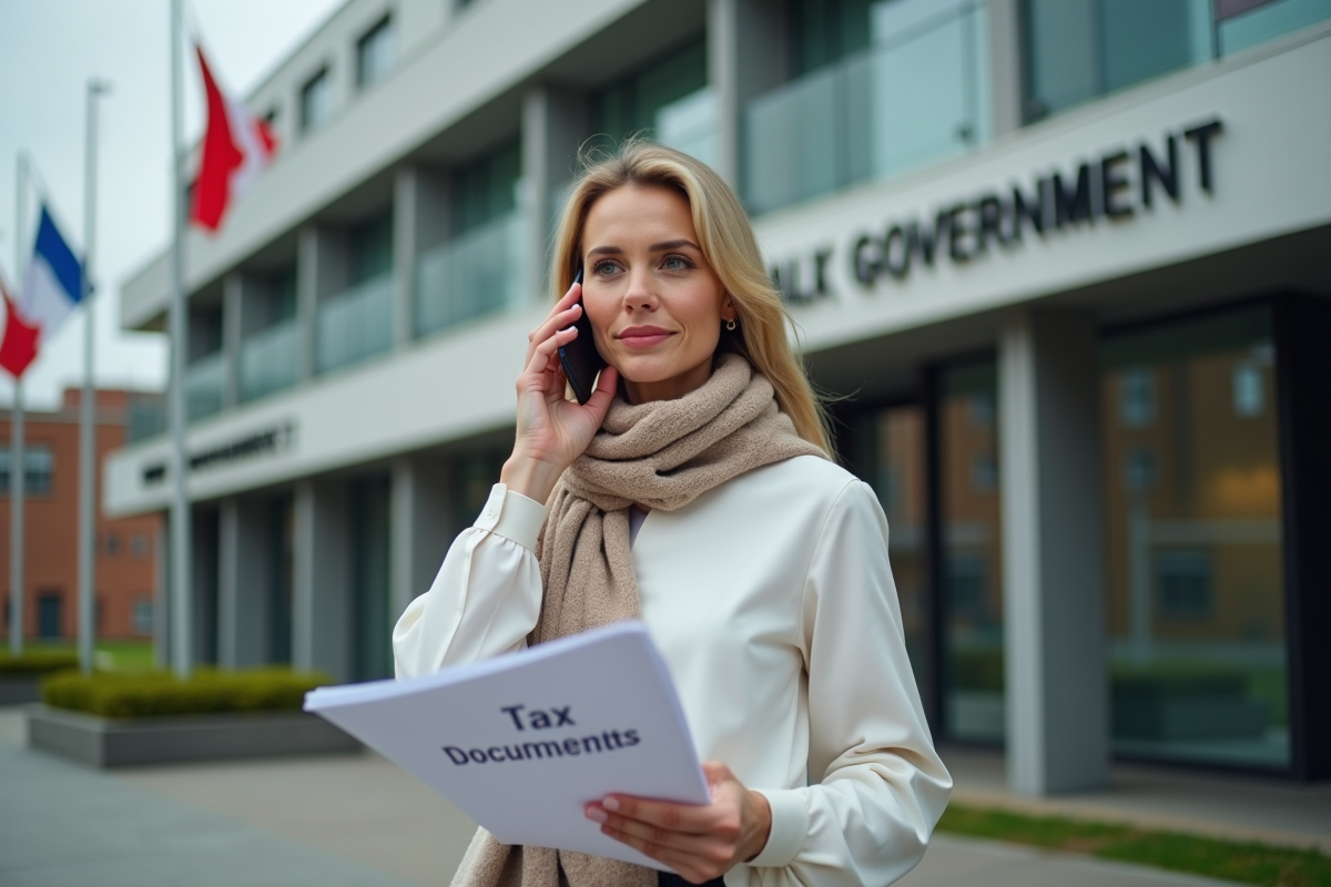 Femme dehors parle au téléphone avec documents officiels