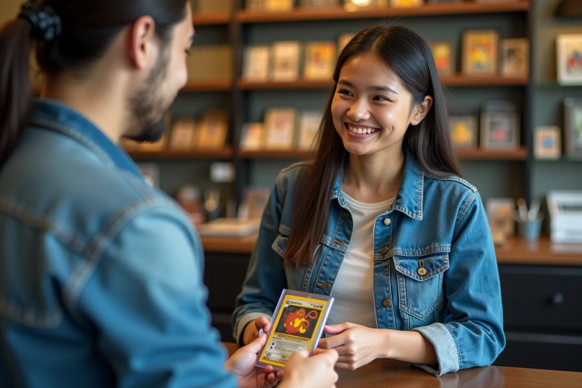 Femme remet une carte Pokémon à un expert en boutique