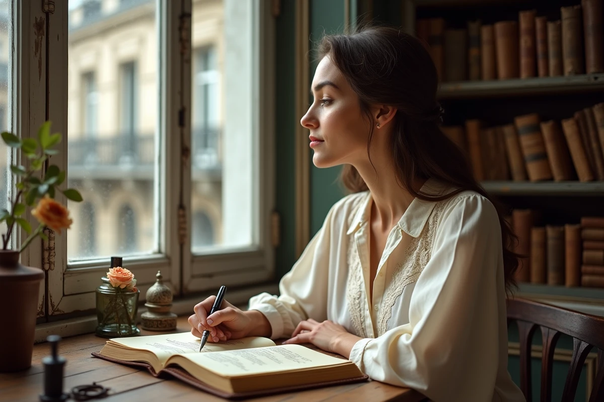 Femme écrivant un poème d'amour dans un carnet ancien à un bureau en bois vintage dans un appartement parisien
