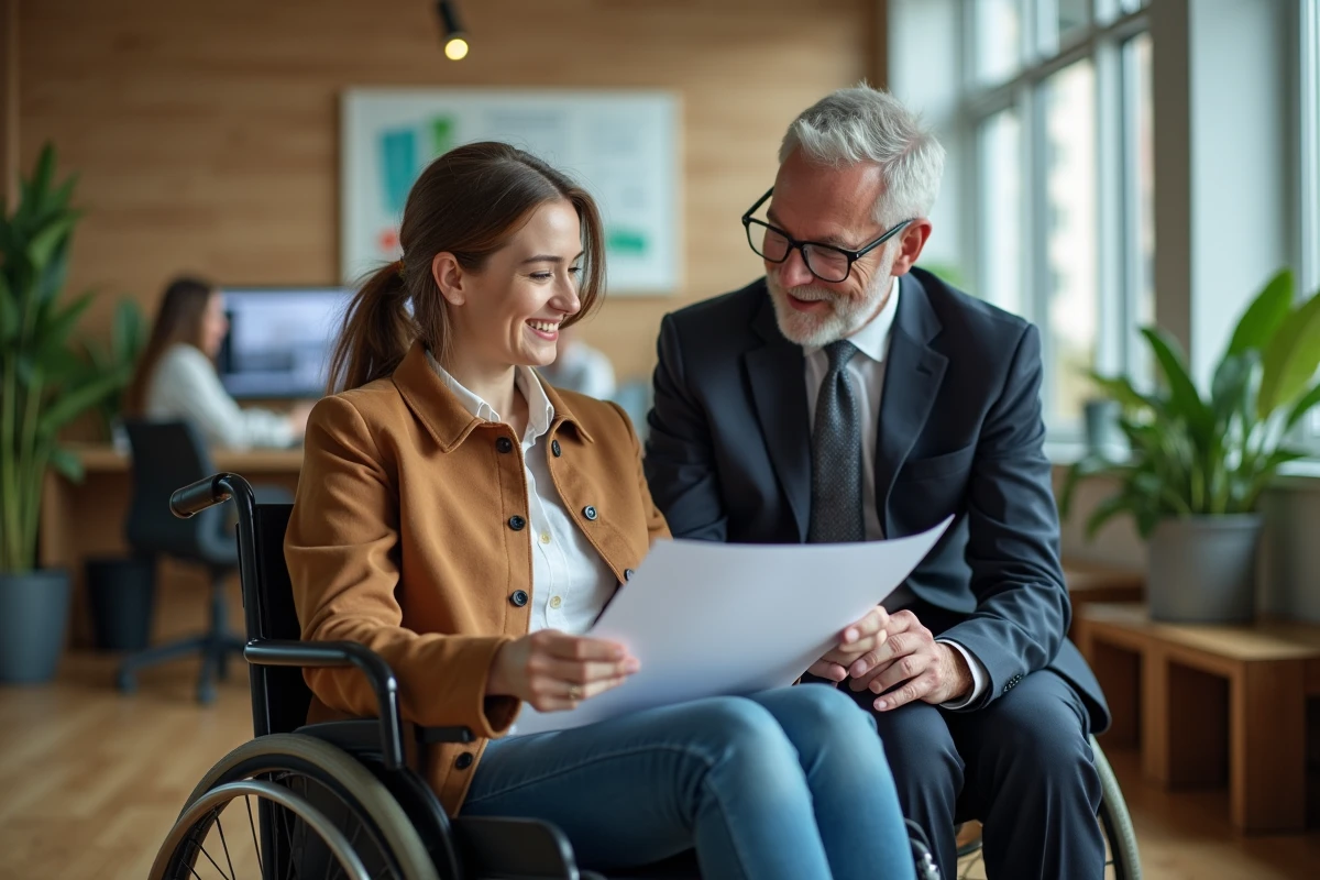 Jeune femme en fauteuil discutant avec un collègue au bureau