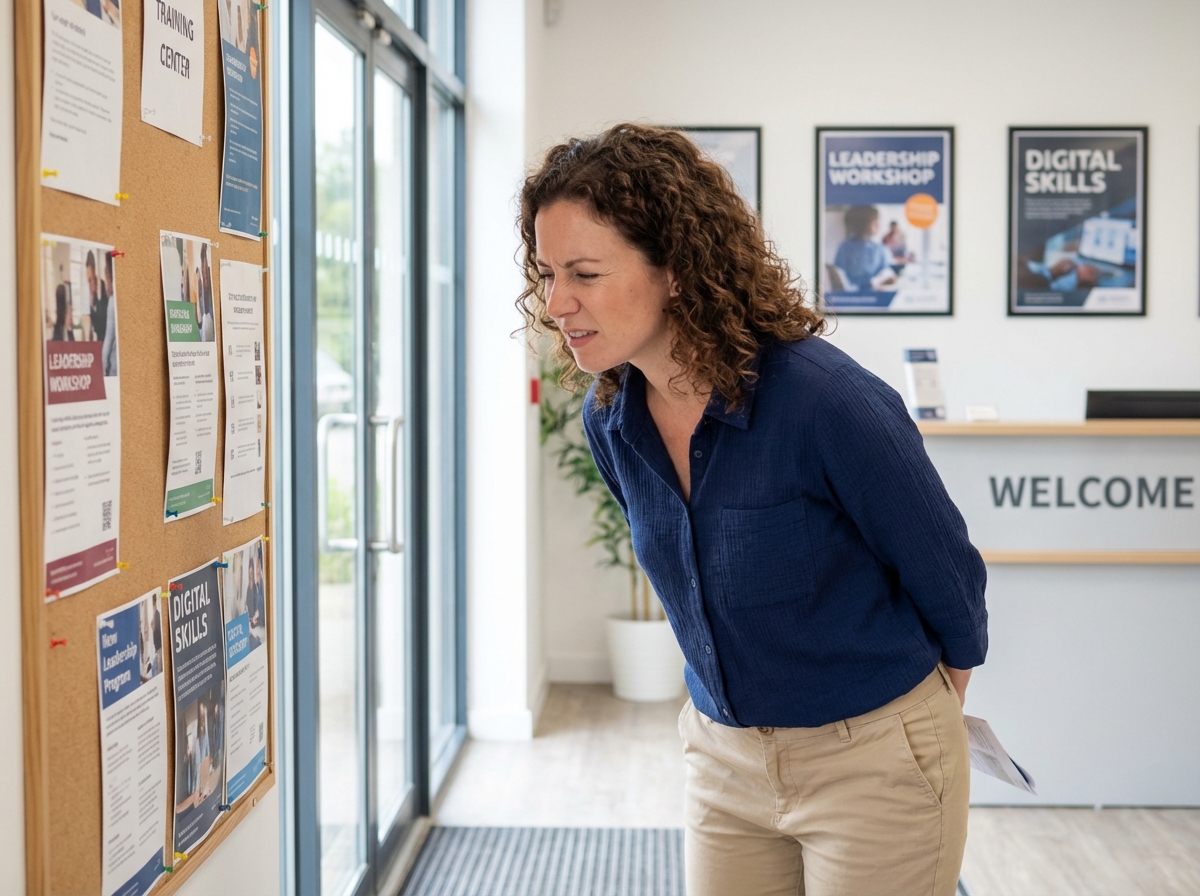 Femme regardant un tableau d'affiches dans un centre de formation
