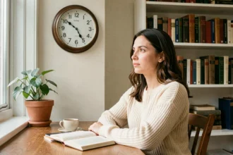 Femme contemplative regardant une horloge affichant 9h09 dans un bureau chaleureux, symbolisant la signification des heures miroirs et l'orientation de l'avenir