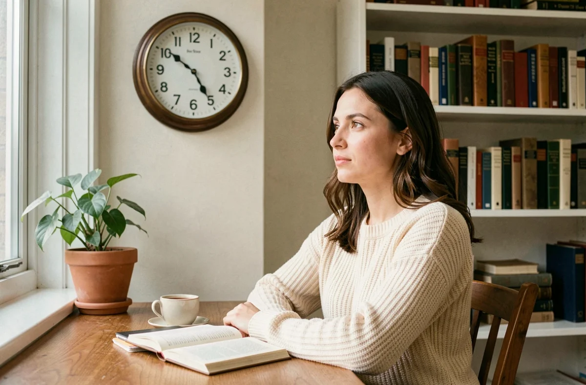 Femme contemplative regardant une horloge affichant 9h09 dans un bureau chaleureux, symbolisant la signification des heures miroirs et l'orientation de l'avenir