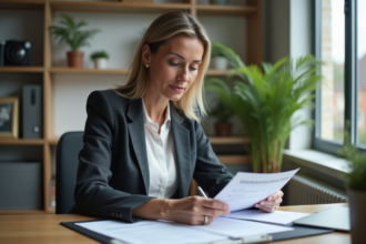 Femme d'affaires examinant des documents immobiliers dans un bureau moderne