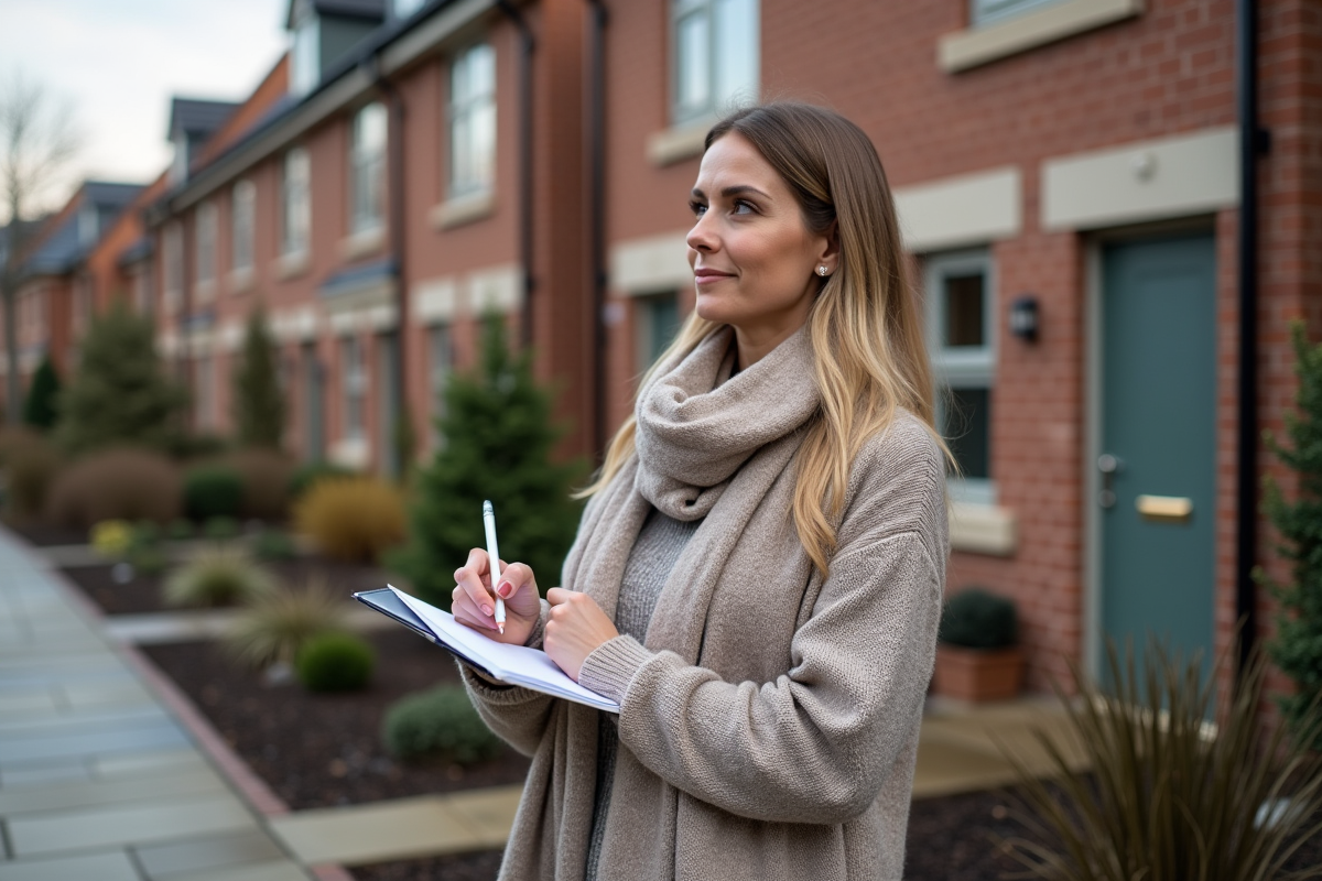 Femme regardant une maison rénovée pour la vente en extérieur