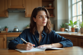 Femme en blouse navy journal dans une cuisine chaleureuse