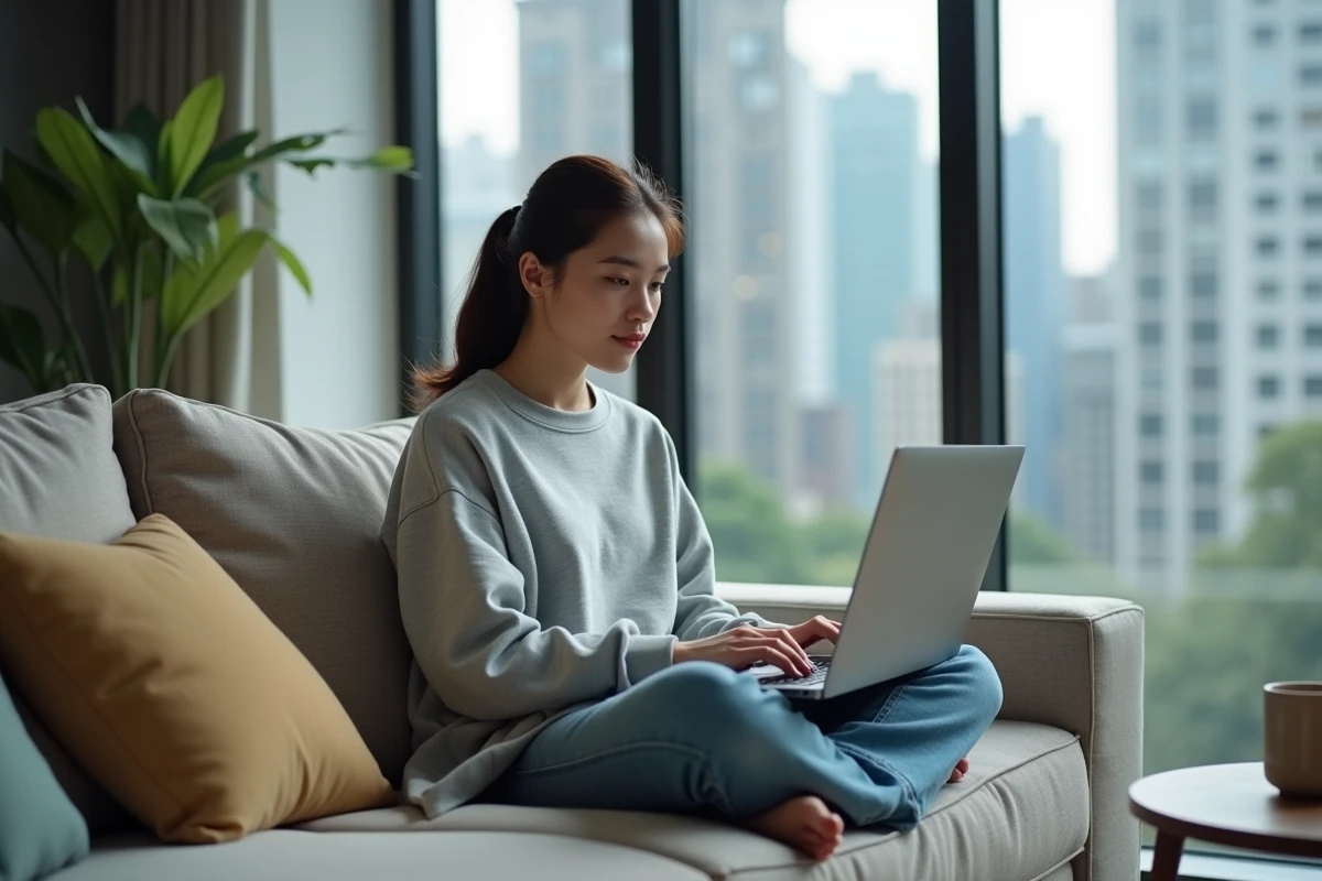Femme lisant un scantrad de manga sur son ordinateur portable dans un appartement moderne