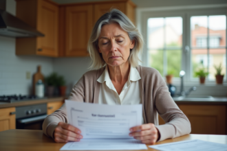 Femme modeste lisant un document taxe fonciere