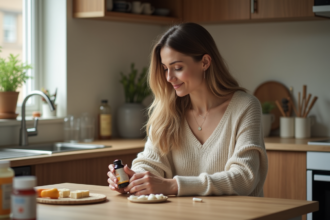 Femme lisant une étiquette de vitamine dans la cuisine