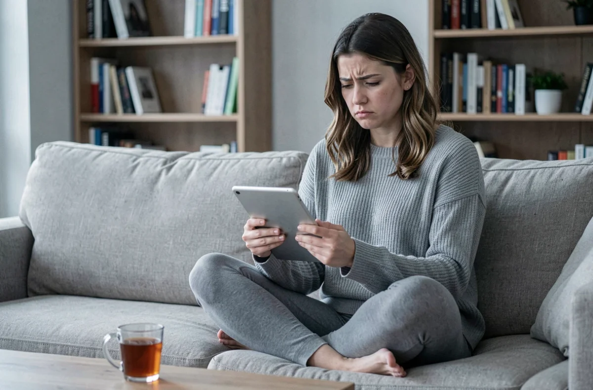 Femme mal à l'aise consultant son fil d'actualité sur une tablette dans un salon moderne, réagissant négativement à une blague inappropriée sur les réseaux sociaux