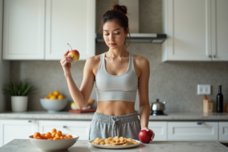 Femme en cuisine saine avec une pomme et snacks