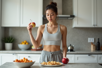 Femme en cuisine saine avec une pomme et snacks