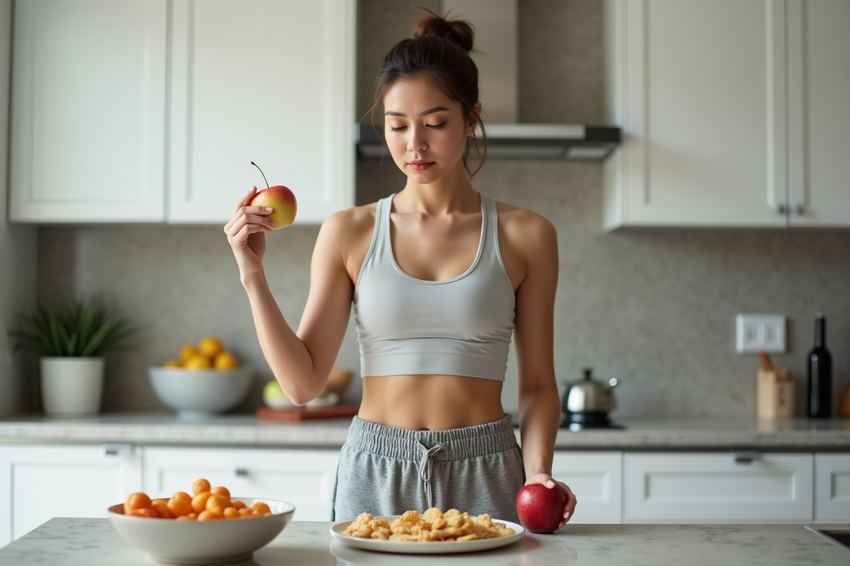 Femme en cuisine saine avec une pomme et snacks