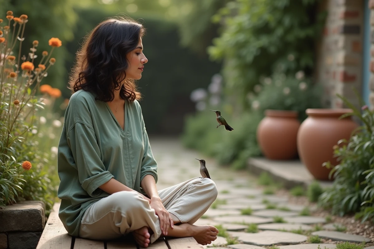 Femme en méditation observant un colibri posé sur une branche fleurie dans un jardin paisible, évoquant la signification spirituelle et la mission de vie