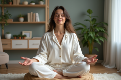 Femme méditant en loungewear dans un salon moderne