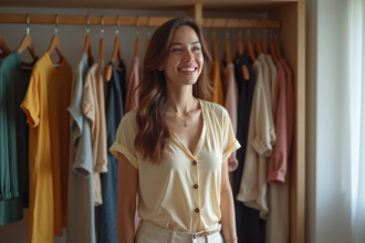 Femme souriante en tenue stylée dans sa chambre moderne