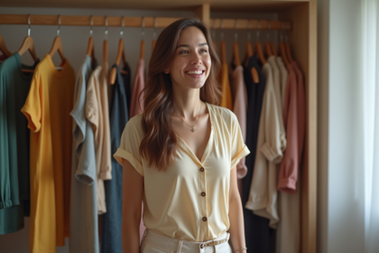 Femme souriante en tenue stylée dans sa chambre moderne