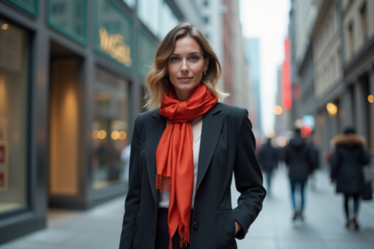 Femme élégante en blazer tendance dans la ville moderne