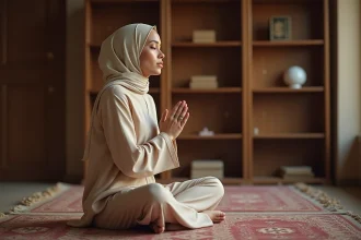 Femme musulmane en hijab récitant la douaa istikhara sur un tapis de prière, mains levées en supplication