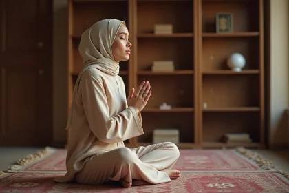 Femme musulmane en hijab récitant la douaa istikhara sur un tapis de prière, mains levées en supplication