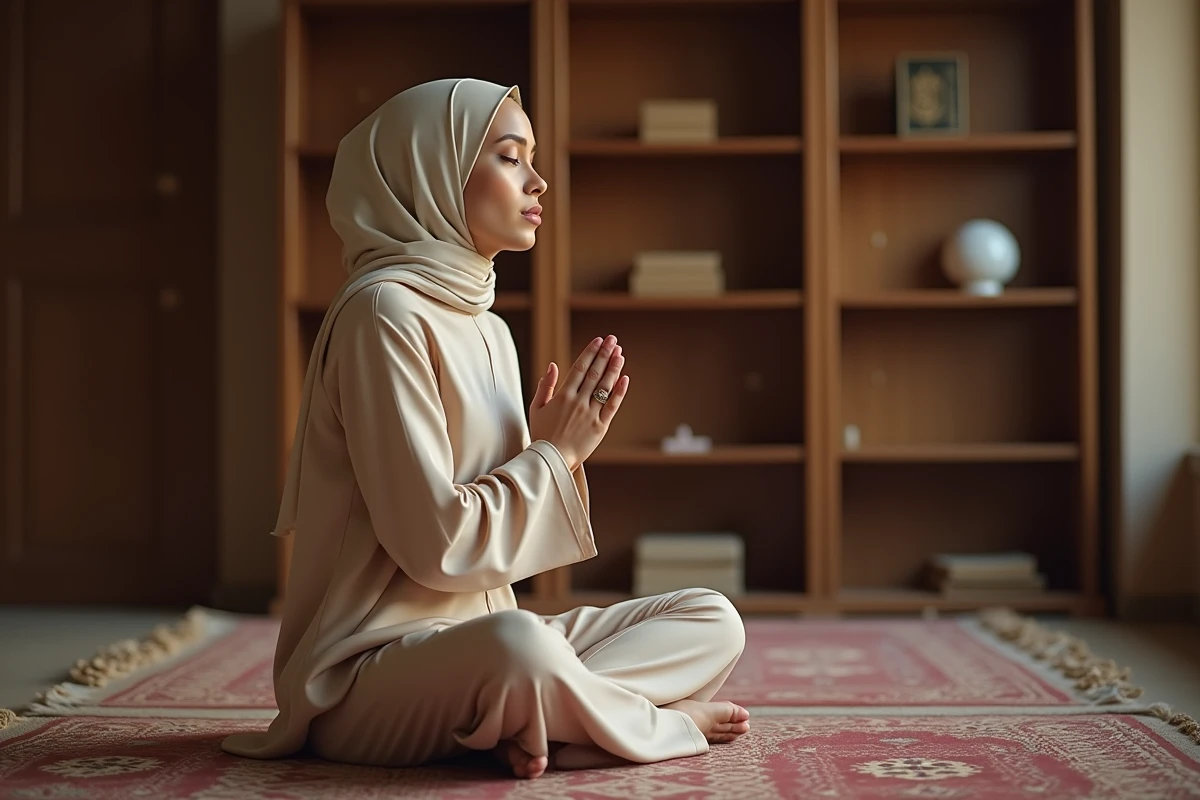Femme musulmane en hijab récitant la douaa istikhara sur un tapis de prière, mains levées en supplication