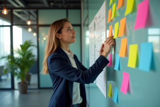 Femme professionnelle organise notes colorées en bureau moderne