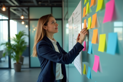 Femme professionnelle organise notes colorées en bureau moderne