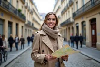 Jeune femme avec trench beige et carte de Paris