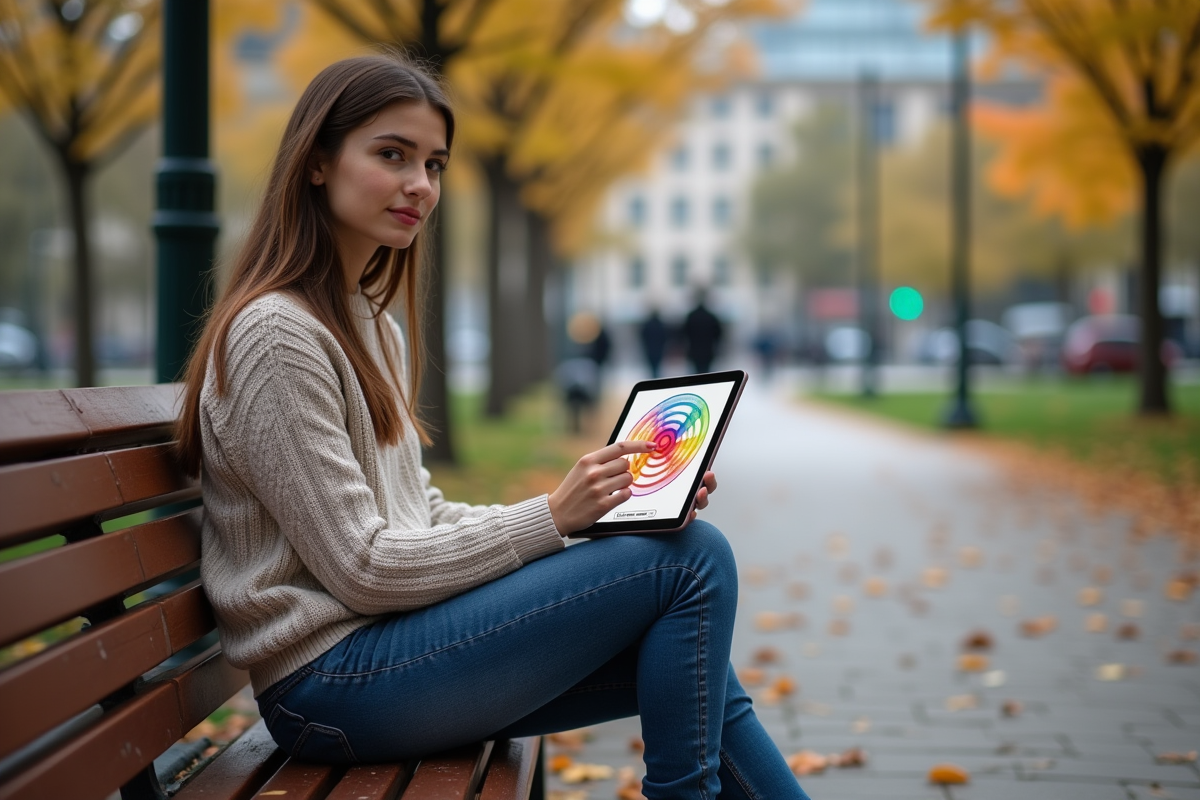 Jeune femme assise sur un banc avec une tablette affichant un diagramme de jeu