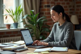 Femme perplexe devant un écran d'ordinateur affichant un mot-clé mystérieux sur Google
