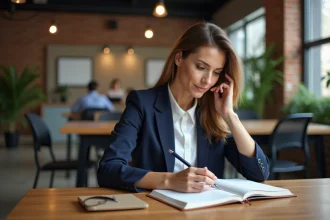 Femme professionnelle travaillant sur sa stratégie de personal branding dans un espace de coworking moderne