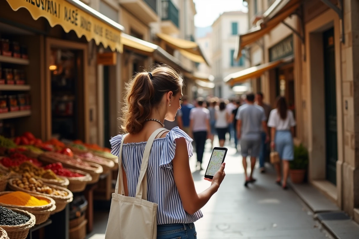 Femme consultant un plan de quartier sur smartphone au marché de Noailles à Marseille