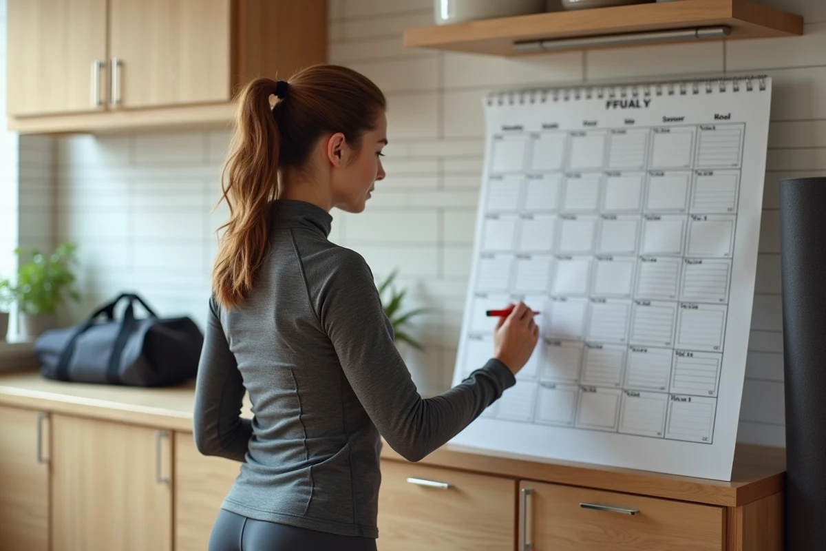 Femme organisant son planning sportif sur un calendrier mural avec semaines paires et impaires en 2026