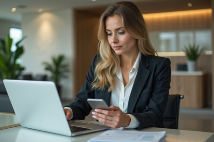 Femme professionnelle en blazer tenant un smartphone dans une banque