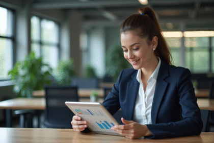 Jeune femme en blazer regardant des graphiques numériques