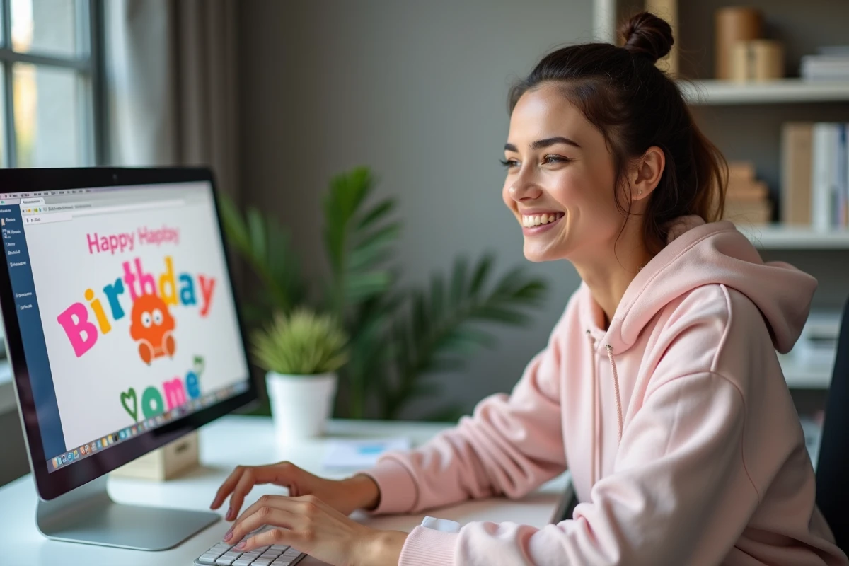 Femme souriante qui cherche des GIFs d'anniversaire gratuits et rigolos sur son ordinateur à la maison