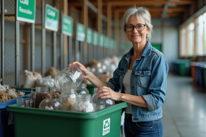 Femme d'âge moyen triant des matériaux recyclables dans un centre moderne