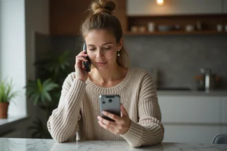 Femme contemplative avec smartphone dans une cuisine moderne