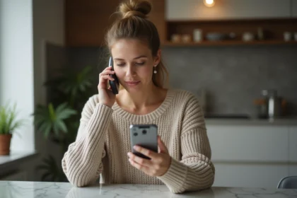 Femme contemplative avec smartphone dans une cuisine moderne